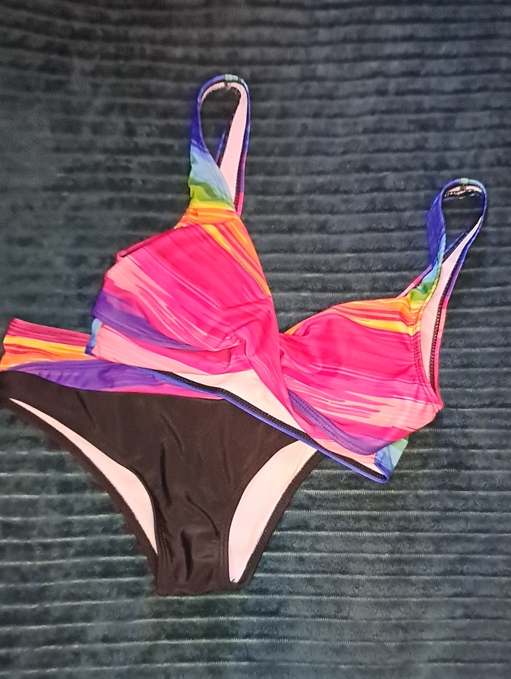Women's Multicolor Twist-Front Bikini Top with Black Bottom